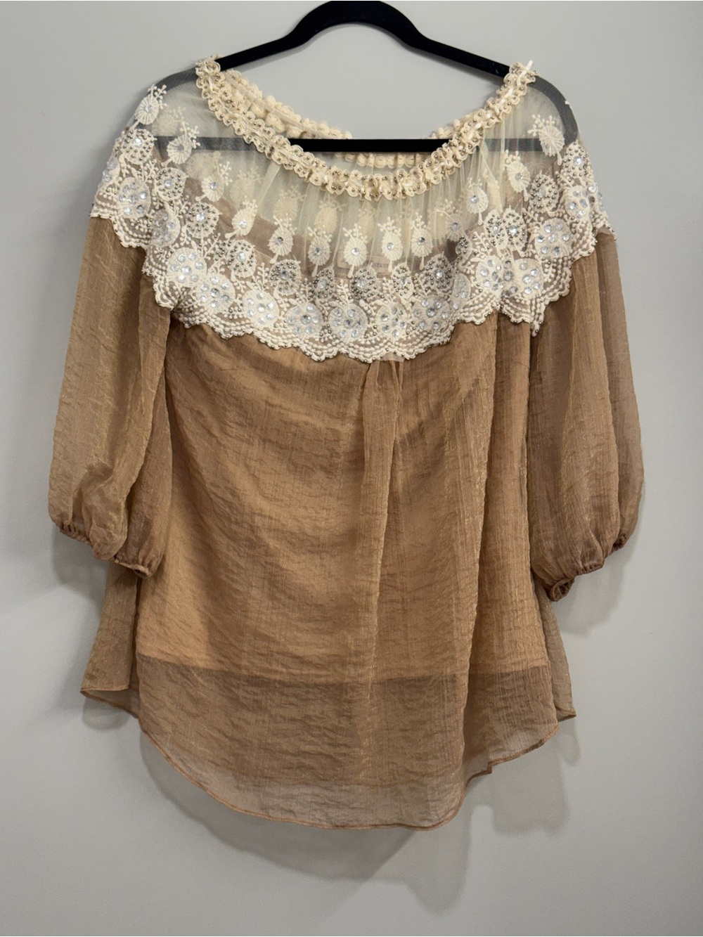Altar'd State Fairycore Boho Sheer Lace Blouse Rhinestone Embellished Top
